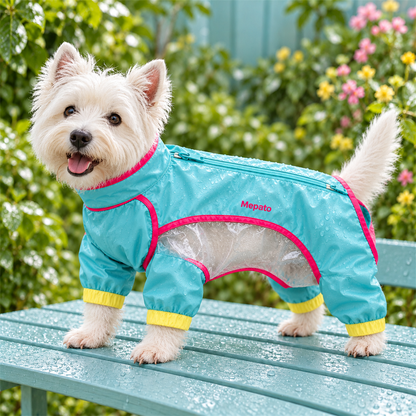 Mepato Clear-Sky Full Coverage Rain Suit on-dog fit view