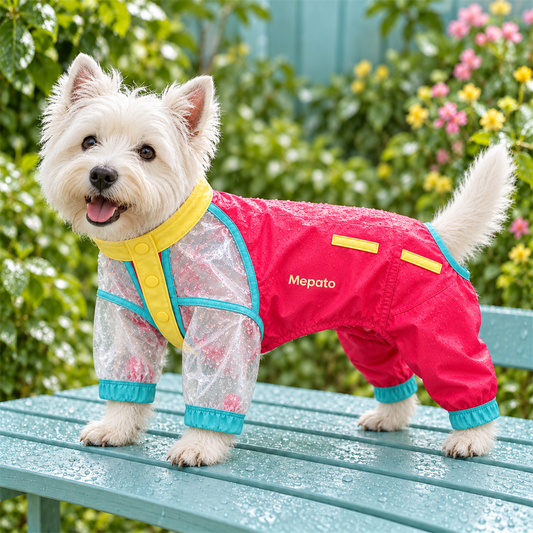 Mepato Raspberry Splash Rain Suit on-dog fit view